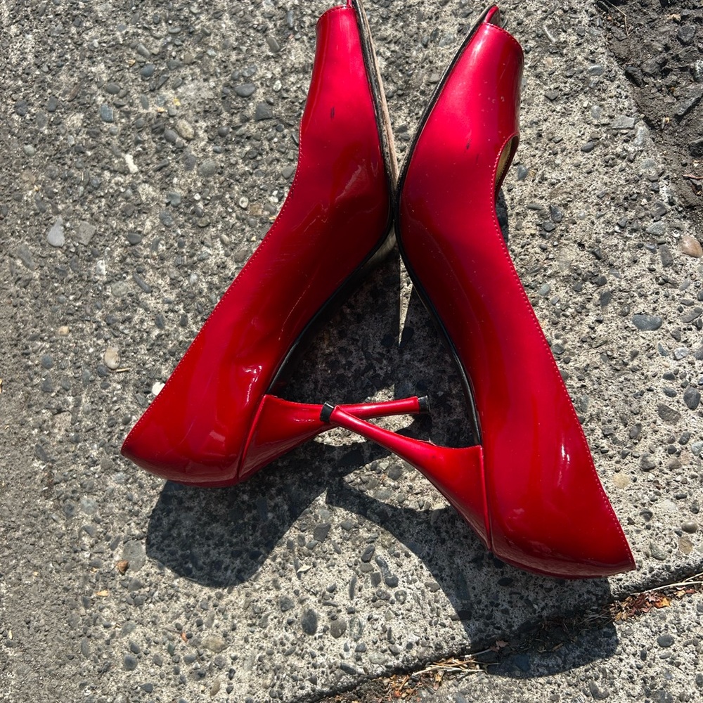 Stuart Weitzman Vibrant Red Peep Toe Heels - Picture 8 of 14